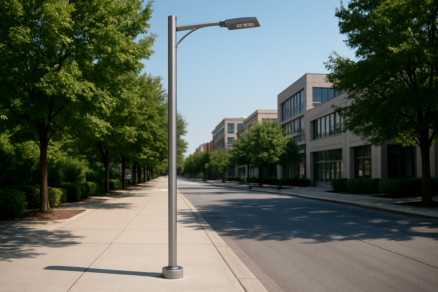 Alüminyum aydınlatma direği ile donatılmış şehir kaldırımında gündüz çekilmiş gerçek sokak fotoğrafı